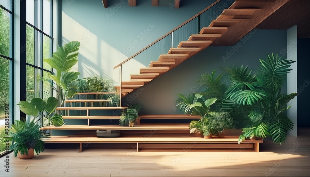 Fototapeta premium Modern Minimalist Interior Design with Green Plants and Wooden Stairs
