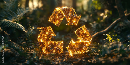 Golden recycle symbol illuminated in a lush forest environment, symbolizing sustainable living, environmental conservation, and a harmonious balance between nature and human responsibility photo