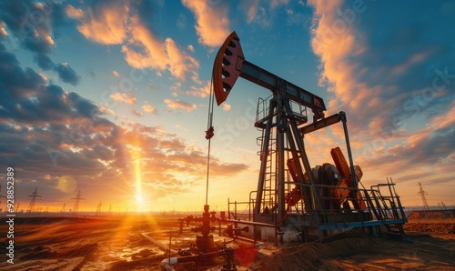 Oil pumpjack working in an open field extracting crude oil under a dramatic sunset sky, highlighting the fossil fuel industry and energy production..