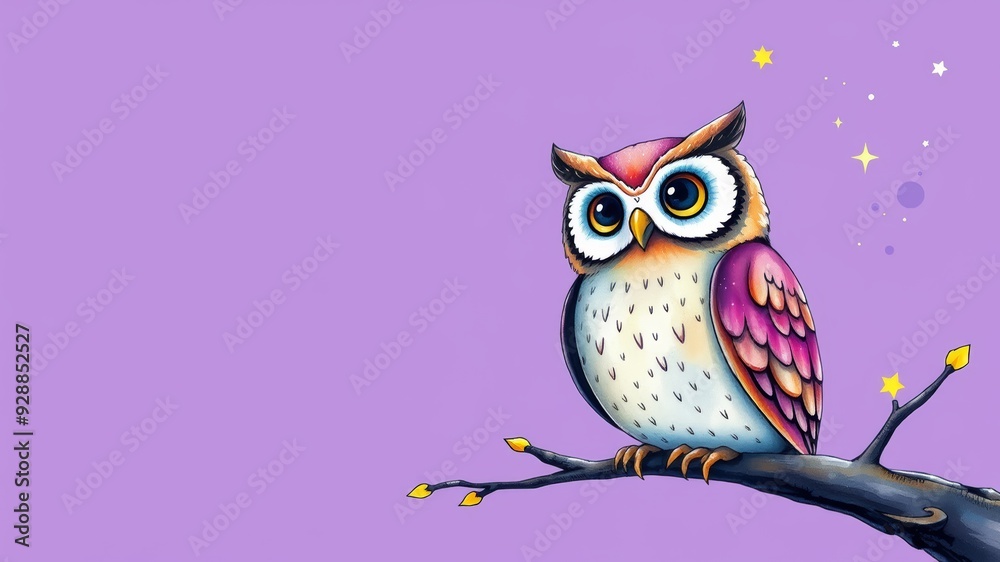 Fototapeta premium A cartoon owl perched on a branch under a starry night sky, exuding a whimsical and serene atmosphere.