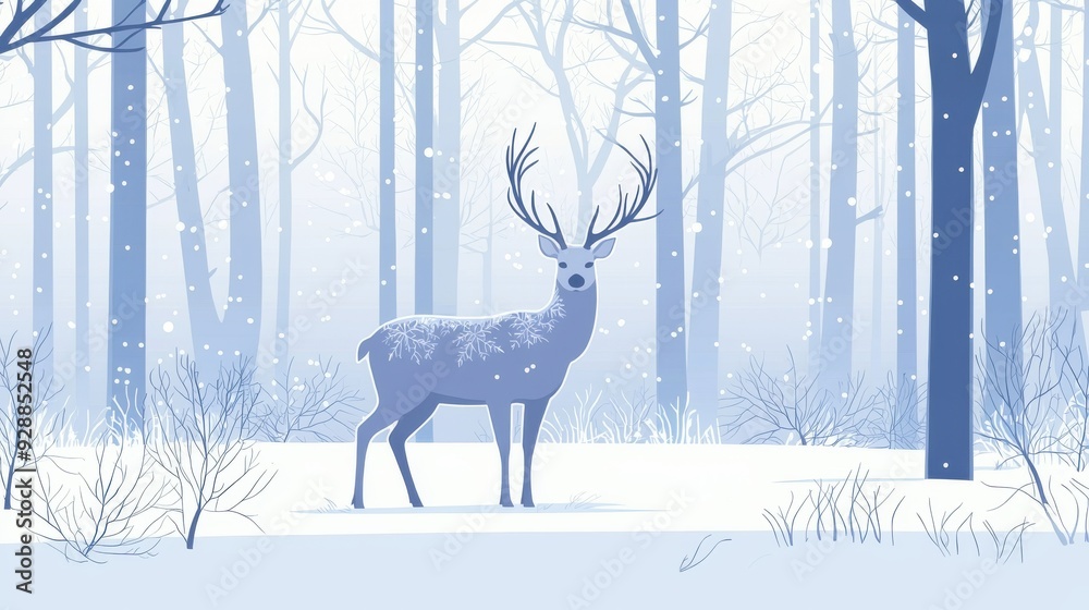 A serene winter scene featuring a majestic deer standing in a snowy ...