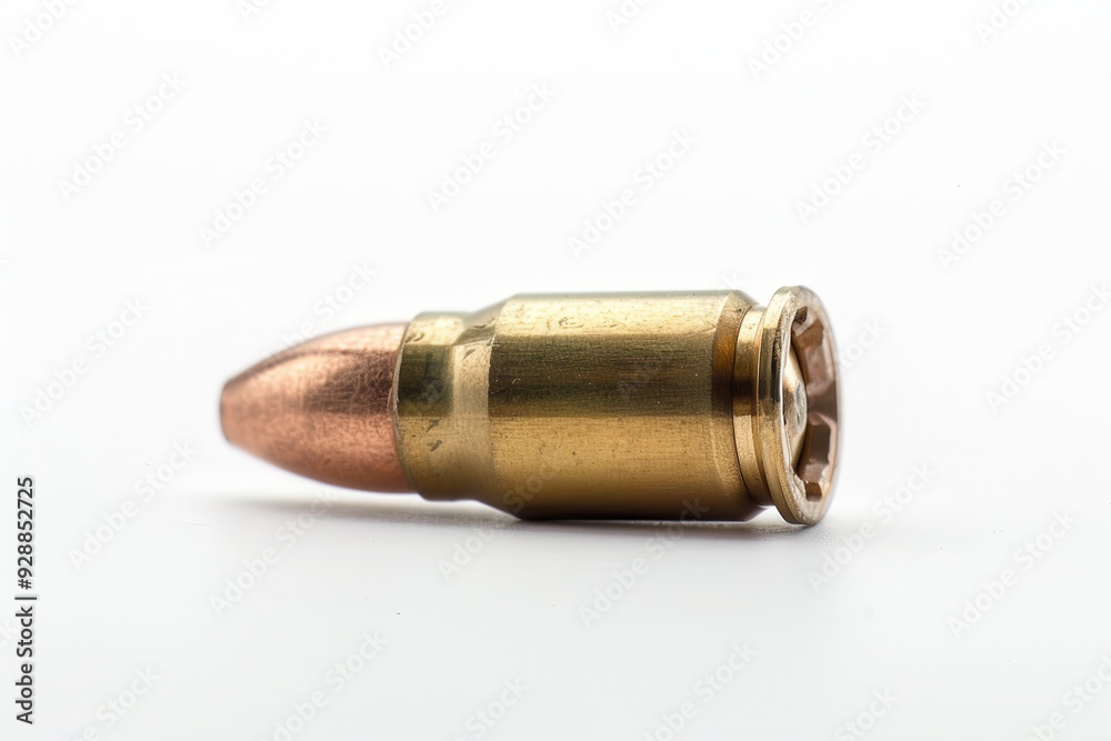 Bullet. Closeup of 9mm Caliber Cartridge in Isolated White Background Bullet. Closeup of 9mm Caliber Cartridge in Isolated White Background