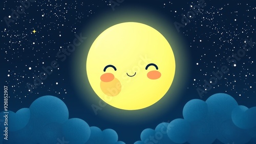 A cheerful cartoon moon with closed eyes smiles in a starry night sky, surrounded by fluffy clouds and twinkling stars.