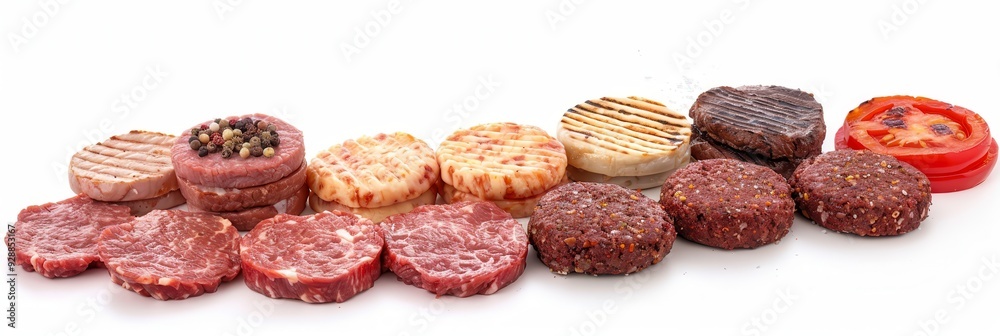 Burger Meat. Raw and Grilled Patty Hamburger Beef, Various Cuts Isolated on Red Background Burger Meat. Raw and Grilled Patty Hamburger Beef, Various Cuts Isolated on Red Background