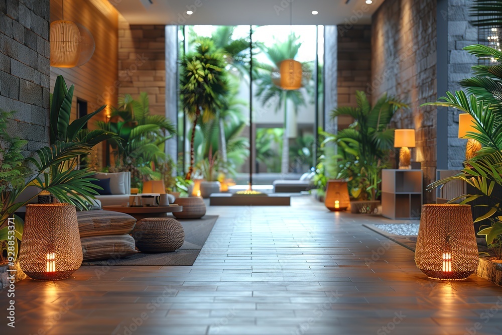Tropical Courtyard with Illuminated Pathway Tropical Courtyard with Illuminated Pathway