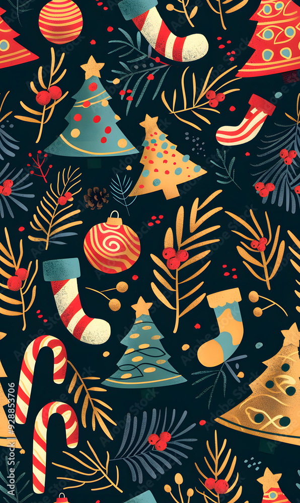Fototapeta premium New Year and Christmas 2d cartoon or graphic advertising background, Seamless pattern