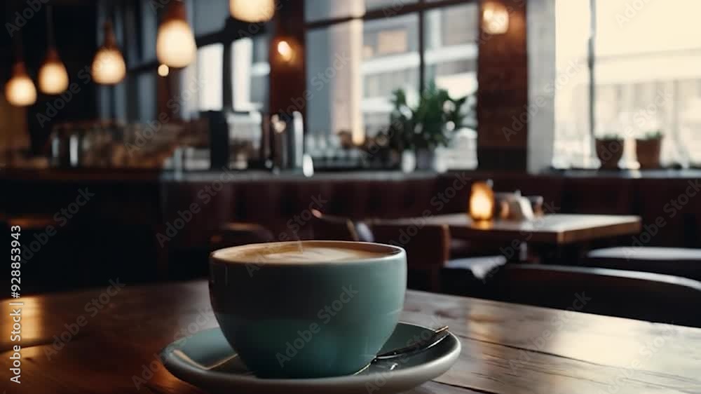 A Cup of Coffee on a Wooden Table in a Modern Cafe A Cup of Coffee on a Wooden Table in a Modern Cafe