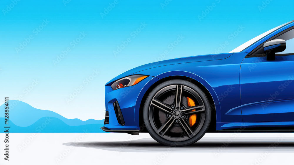 Naklejka premium A close-up side profile of a blue sports car featuring a black wheel with a bright orange brake caliper, set against a clear sky.