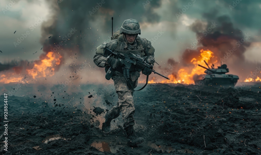A soldier runs across a battlefield with explosions and fire in the background, showcasing bravery and action during intense combat scenarios A soldier runs across a battlefield with explosions and fire in the background, showcasing bravery and action during intense combat scenarios