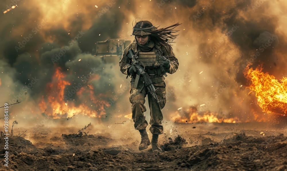 A soldier runs across a battlefield with explosions and fire in the background, showcasing bravery and action during intense combat scenarios A soldier runs across a battlefield with explosions and fire in the background, showcasing bravery and action during intense combat scenarios