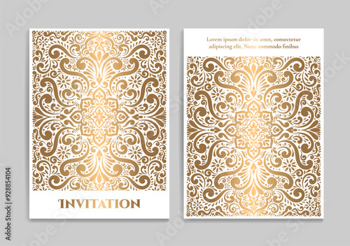 Gold and white luxury invitation card design with vector ornament pattern. Vintage template. Can be used for background and wallpaper. Elegant and classic vector elements great for decoration.