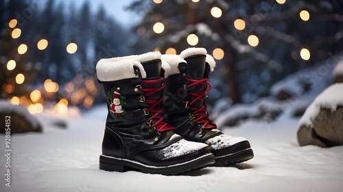 A pair of black Santa boots dusted with snow, standing on a snowy path surrounded by pine trees decorated with Christmas lights.  photo