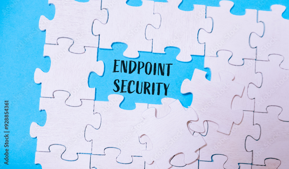 Fototapeta premium A jigsaw puzzle with a piece missing and the word Endpoint Security written in the gap. The puzzle is on a blue background