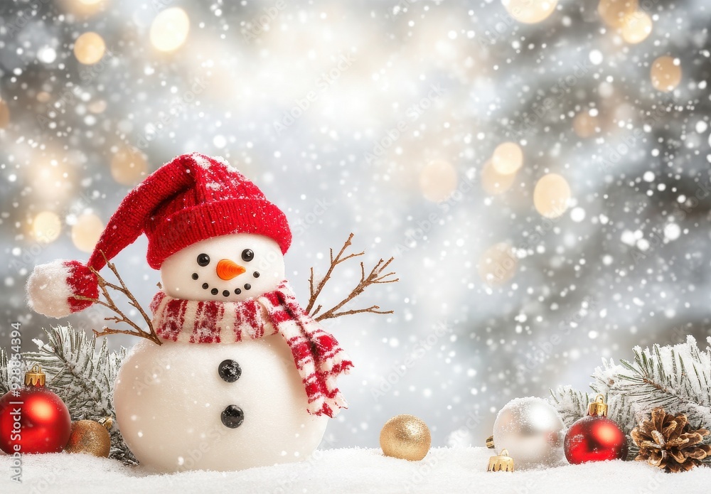 happy snowman character with branches and red hat in hand, standing on the white winter background happy snowman character with branches and red hat in hand, standing on the white winter background