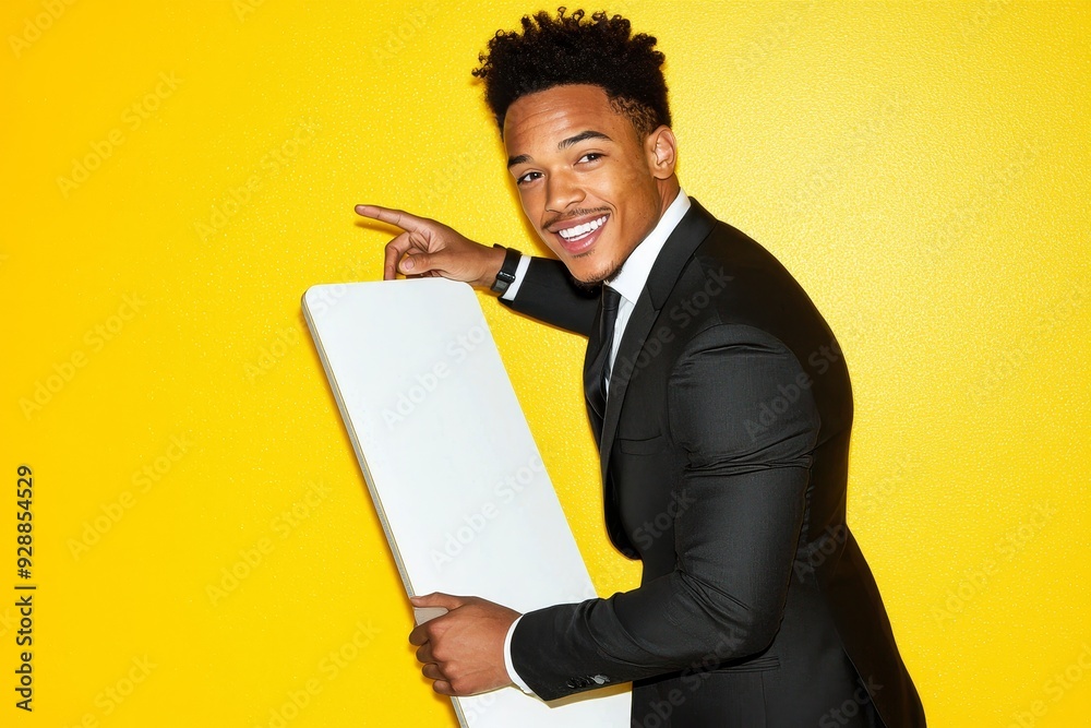 Happy black man pointing at blank white advertising board in his hands, yellow studio background with open space Happy black man pointing at blank white advertising board in his hands, yellow studio background with open space
