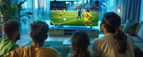 Family watching football match on TV in cozy living room. banner
