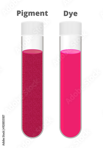 Pigment vs dye ink, isolated vector. Primary types of inks used in inkjet printing. Dyes are liquid in form completely dissolved while pigments are powdery in form with tiny solid colour particles.