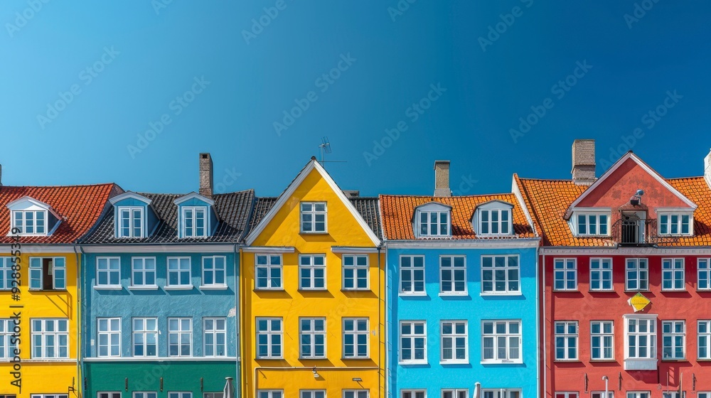 Row of colorful houses with bright windows under a clear blue sky. Row of colorful houses with bright windows under a clear blue sky.