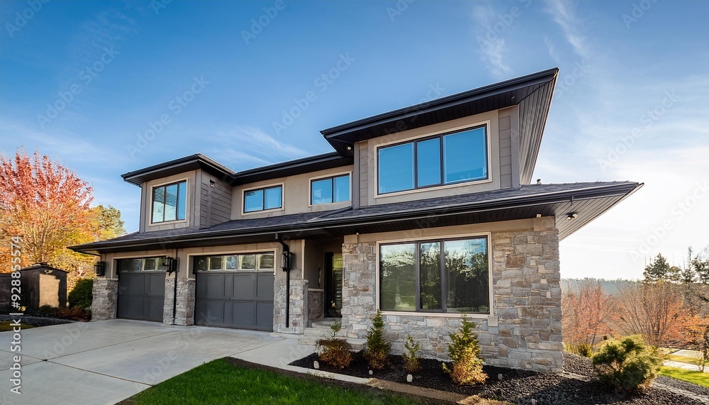 Fototapeta premium Modern Two Story Home With Stone Exterior And Large Windows