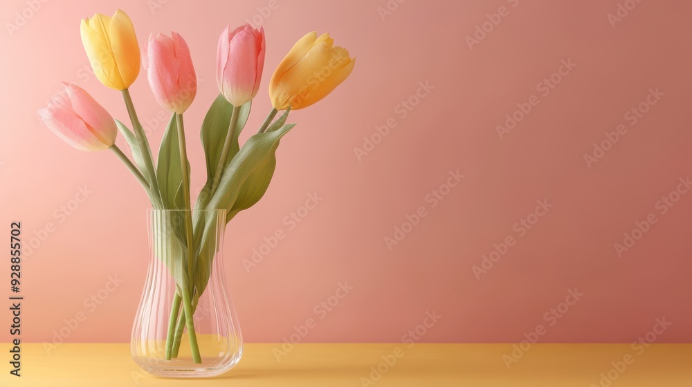 Minimalistic tulips in glass vase with pastel background, Minimalistic tulips in glass vase with pastel background,