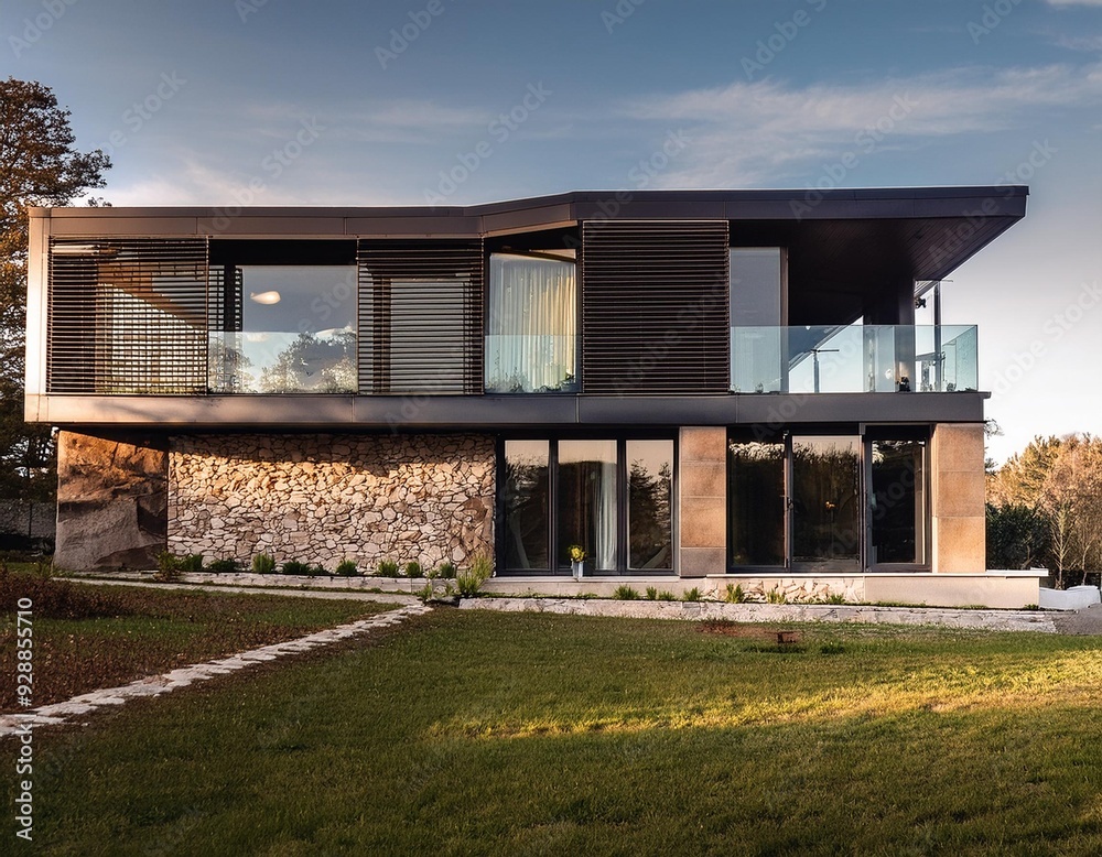 Modern Two Story House with Glass Windows and Stone Walls Modern Two Story House with Glass Windows and Stone Walls