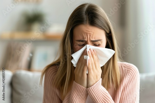 Young woman feeling emotional while sitting on a couch at home during a quiet afternoon