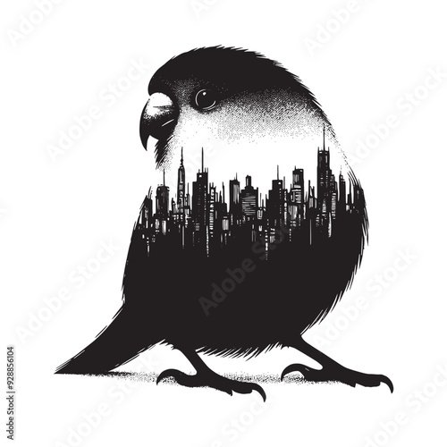 silhouette of Lovebird filled with cityline in rough drawing