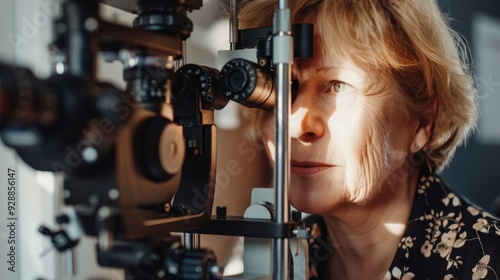 Ophthalmologist examining eyes of a senior patient using microscope in the ophthalmologic office photo