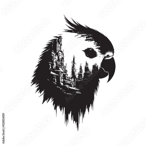 silhouette of Lovebird filled with destroyed futuristic dystopia environment in rough drawing