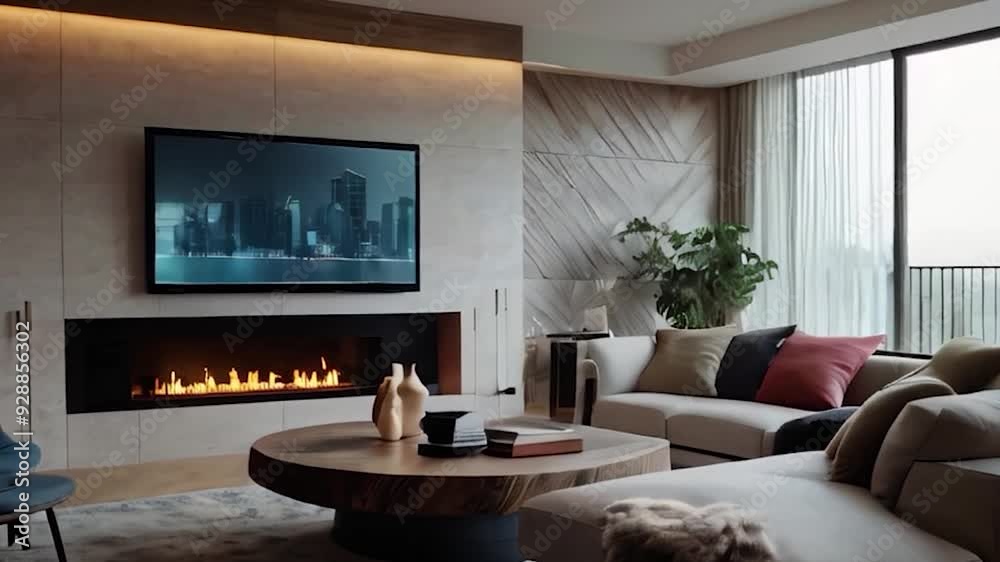 Modern Living Room with a Fireplace, TV, and Large Windows Modern Living Room with a Fireplace, TV, and Large Windows