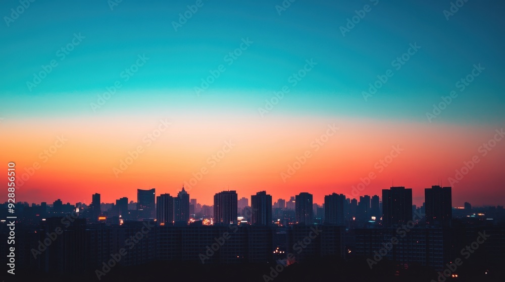 Naklejka premium A vibrant skyline at sunset with silhouettes of buildings against a colorful sky.