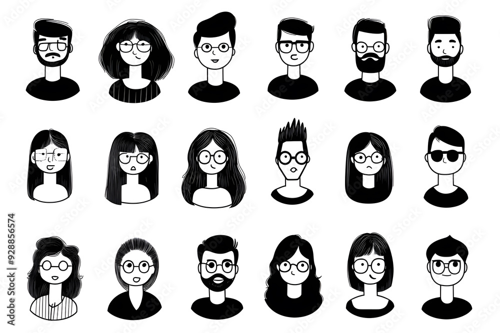 Black cartoon hand drawn characters for avatar collection isolated on white background. Simple shapes and lines people for mobile game or app interface Black cartoon hand drawn characters for avatar collection isolated on white background. Simple shapes and lines people for mobile game or app interface