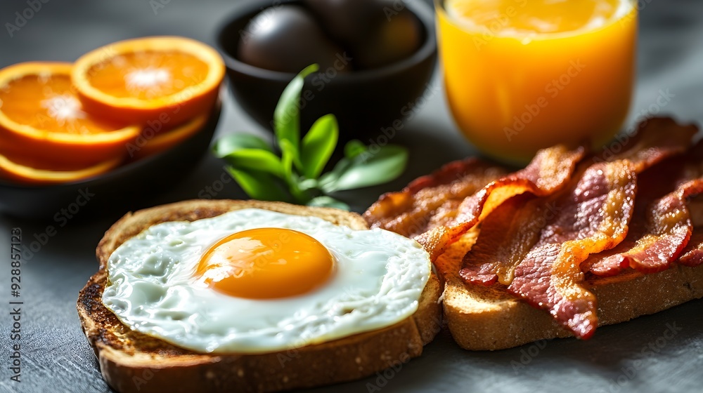 A rustic breakfast spread with eggs, bacon, toast, and freshly squeezed orange juice A rustic breakfast spread with eggs, bacon, toast, and freshly squeezed orange juice