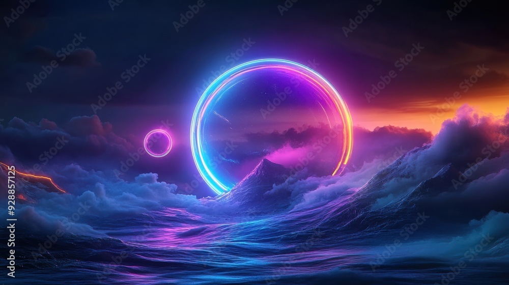 Futuristic Neon Landscape. A vibrant, neon-colored futuristic landscape with abstract shapes and glowing elements. Futuristic Neon Landscape. A vibrant, neon-colored futuristic landscape with abstract shapes and glowing elements.