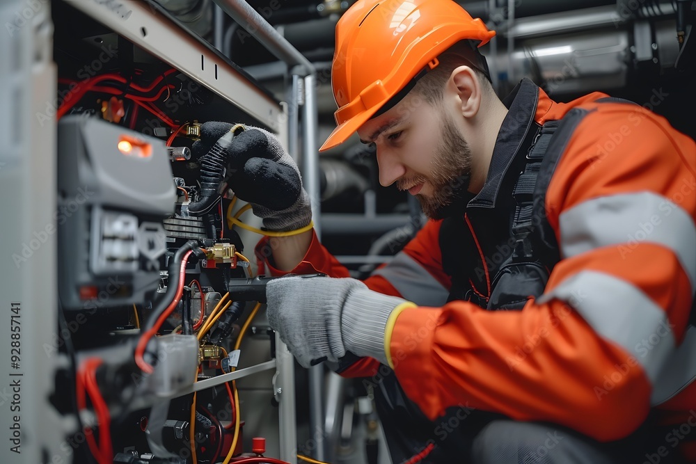 Skilled Electrician Working on Electrical Equipment in Safety Gear Skilled Electrician Working on Electrical Equipment in Safety Gear