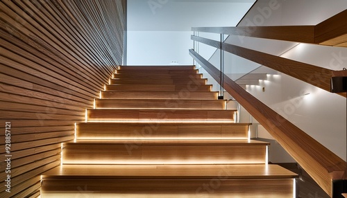 Modern Wooden Staircase With Light Strip In Minimalist Home