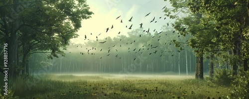 Birds flying over a forest clearing, 4K hyperrealistic photo photo