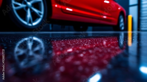 High-definition close-up of a polished garage floor, showcasing its smooth, stain-resistant finish, reflecting light with a sleek shine photo