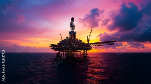 Scenic view of an offshore oil rig under a glowing sunset, with the platform s structure standing tall against the fading light