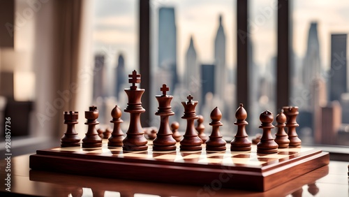 Wallpaper Mural A wooden chess board with a city view in the background Torontodigital.ca