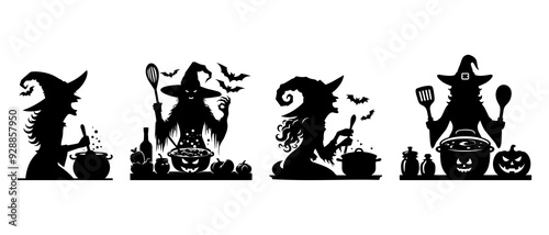 Collection of Halloween witch silhouettes are cooking a potion in a cauldron. Halloween decorations silhouette black filled vector Illustration icon.