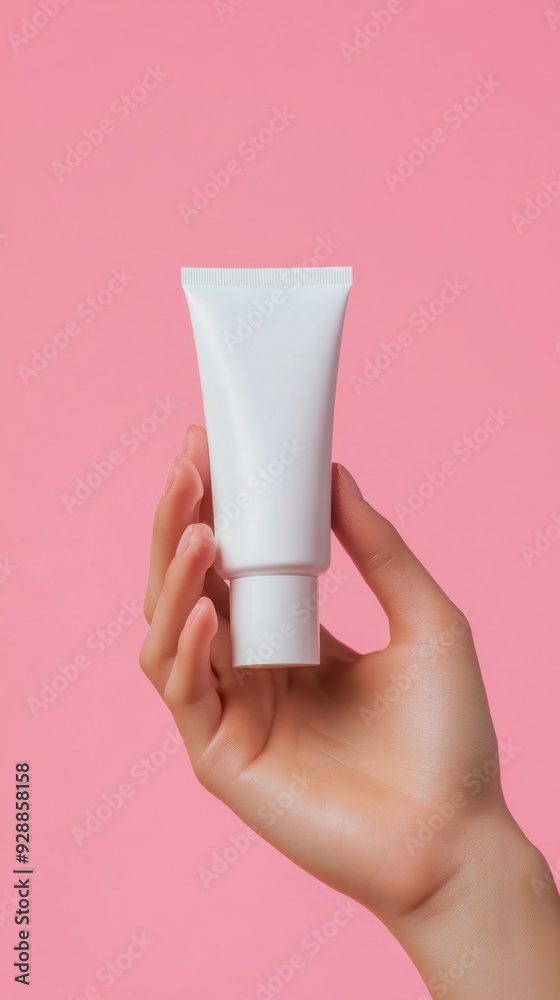 Hand Holding a Plain White Squeeze Tube on Pink Background Hand Holding a Plain White Squeeze Tube on Pink Background