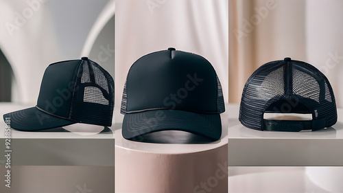 Stylish Black Trucker Cap Mockup on Minimalist Background, black cap mockup on the different angel view, AI Generative	 photo