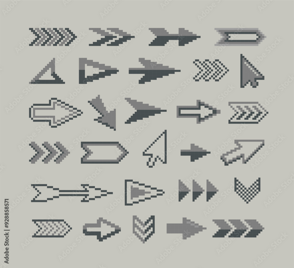 Pixel Arrow icons and Pointer signs in monochrome retro video game style. Perfect Pixel Cursors and PC arrows symbols. App interface navigations. Editable vector pixel graphics