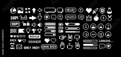 8-bit Game pixel icons set in 80s - 90s style set 2. Perfect pixel icons of game props, chat, download bar, office icons, gestures and cursors. Retro Game loot and awards pixel art. Editable vector