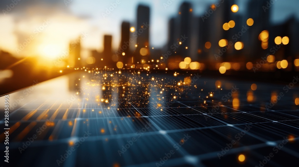 Modern Solar Panels with City Skyline at Sunset and Bokeh Lights in the Background Modern Solar Panels with City Skyline at Sunset and Bokeh Lights in the Background