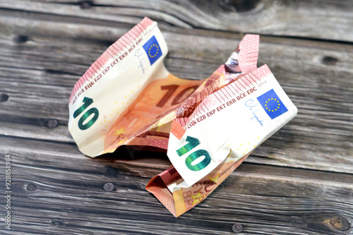 Crumpled 10 European Euro money banknote, crushed, wrinkled ten EUR bill banknote, banking, economic, growth and inflation concept, folded Europe money cash and economy status, exchange rate