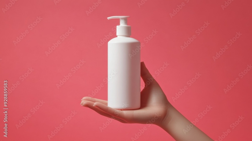 Hand Holding Empty White Pump Bottle on Pink Background for Product Display Hand Holding Empty White Pump Bottle on Pink Background for Product Display
