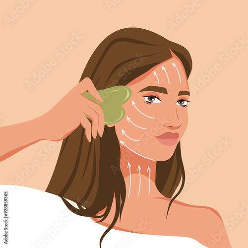 A beautiful woman advertises doing a facial massage and holds a gua sha scraper in her hands. Cosmetology. Toned face, white lines, facial massage scheme. Vector illustration for advertising, mokap