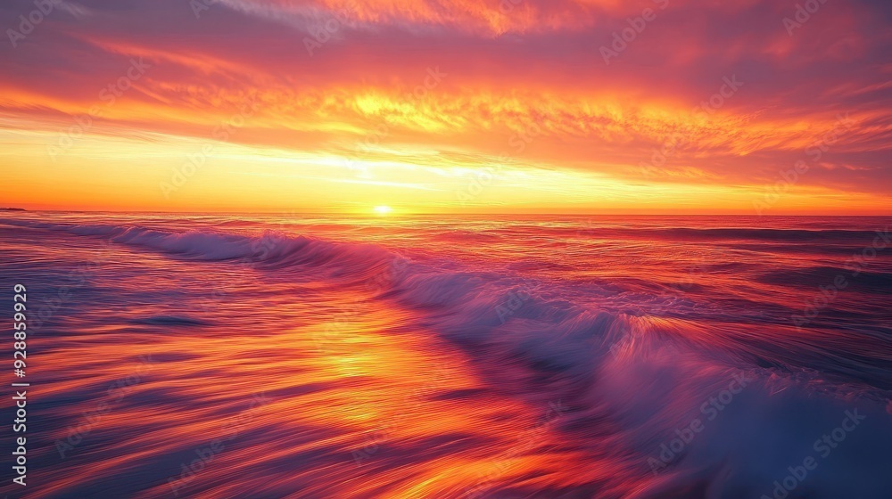 Fototapeta premium A vibrant sunset over the ocean, with waves reflecting warm colors in the sky.